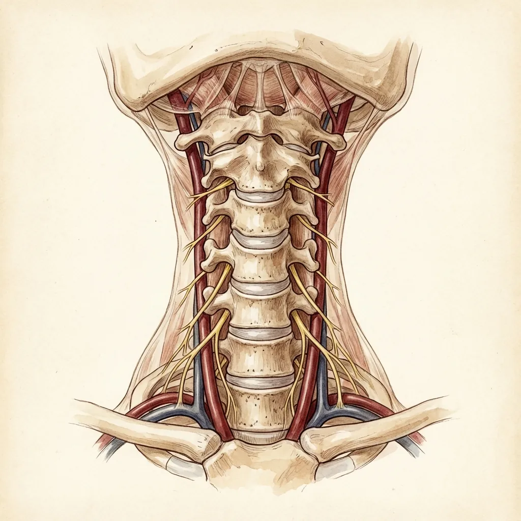 Anatomical illustration of cervical spine showing potential complication sites