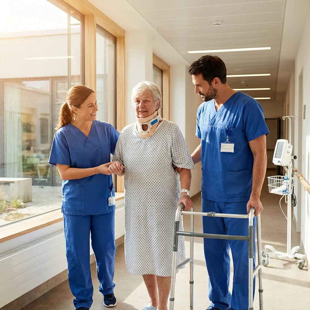 Patient taking first steps after cervical surgery with nursing support