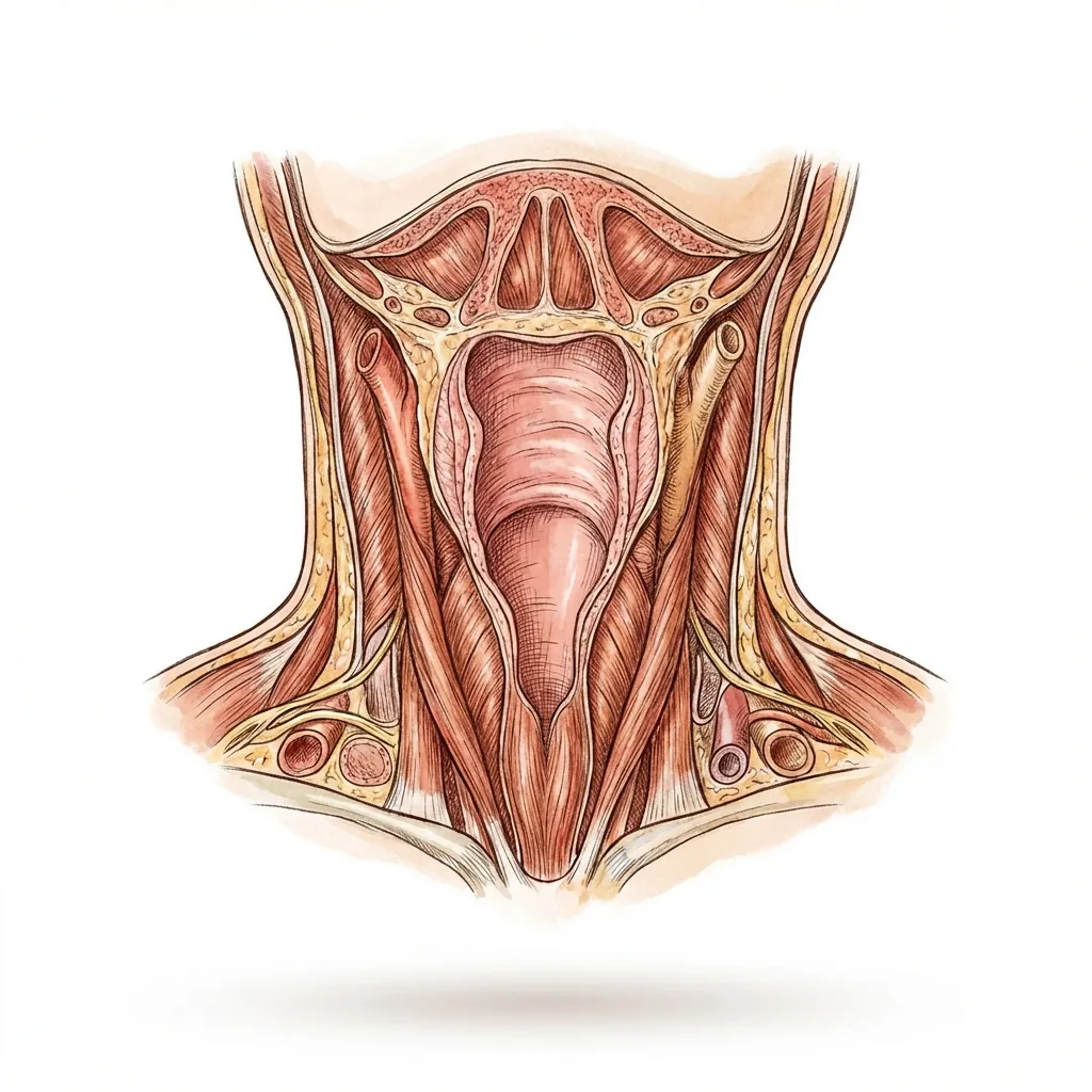 Anatomical illustration of anterior cervical region showing pharynx and esophagus
