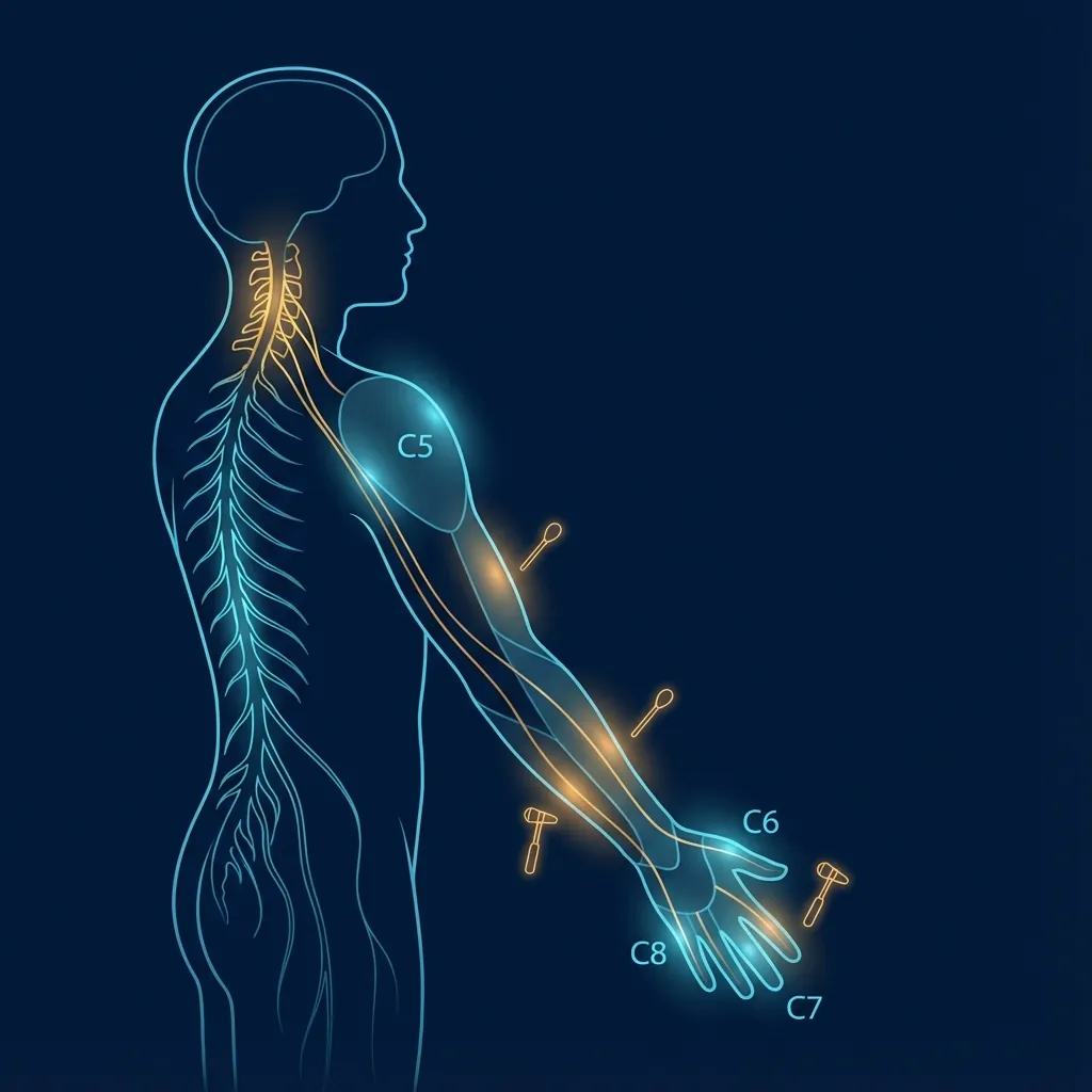 Cervical spine physical examination showing dermatome testing regions