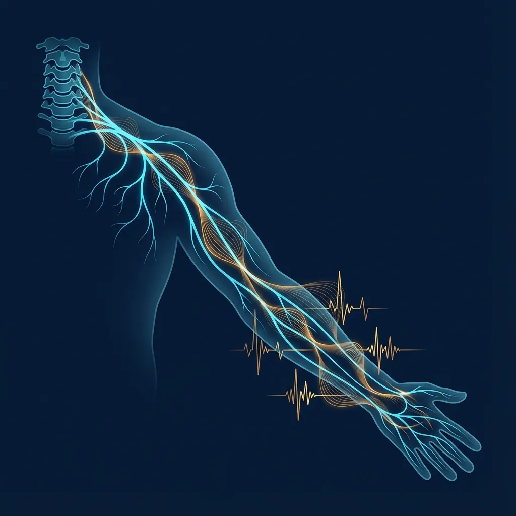 Neural pathway visualization showing electrical signal transmission for neurophysiological testing
