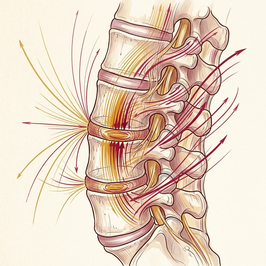 Spinal biomechanics illustration showing load distribution