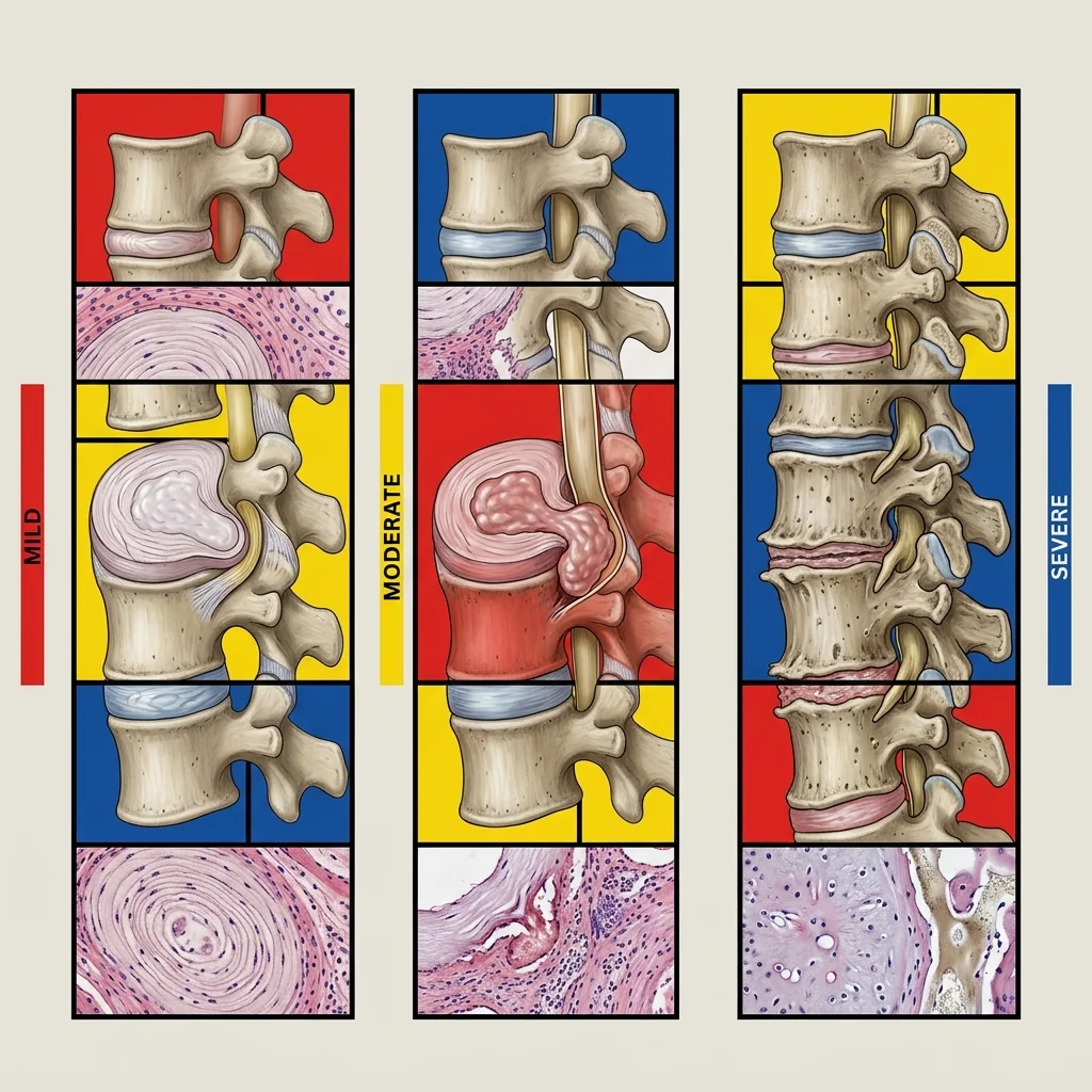 Spinal disc health spectrum showing progression from healthy to degenerated