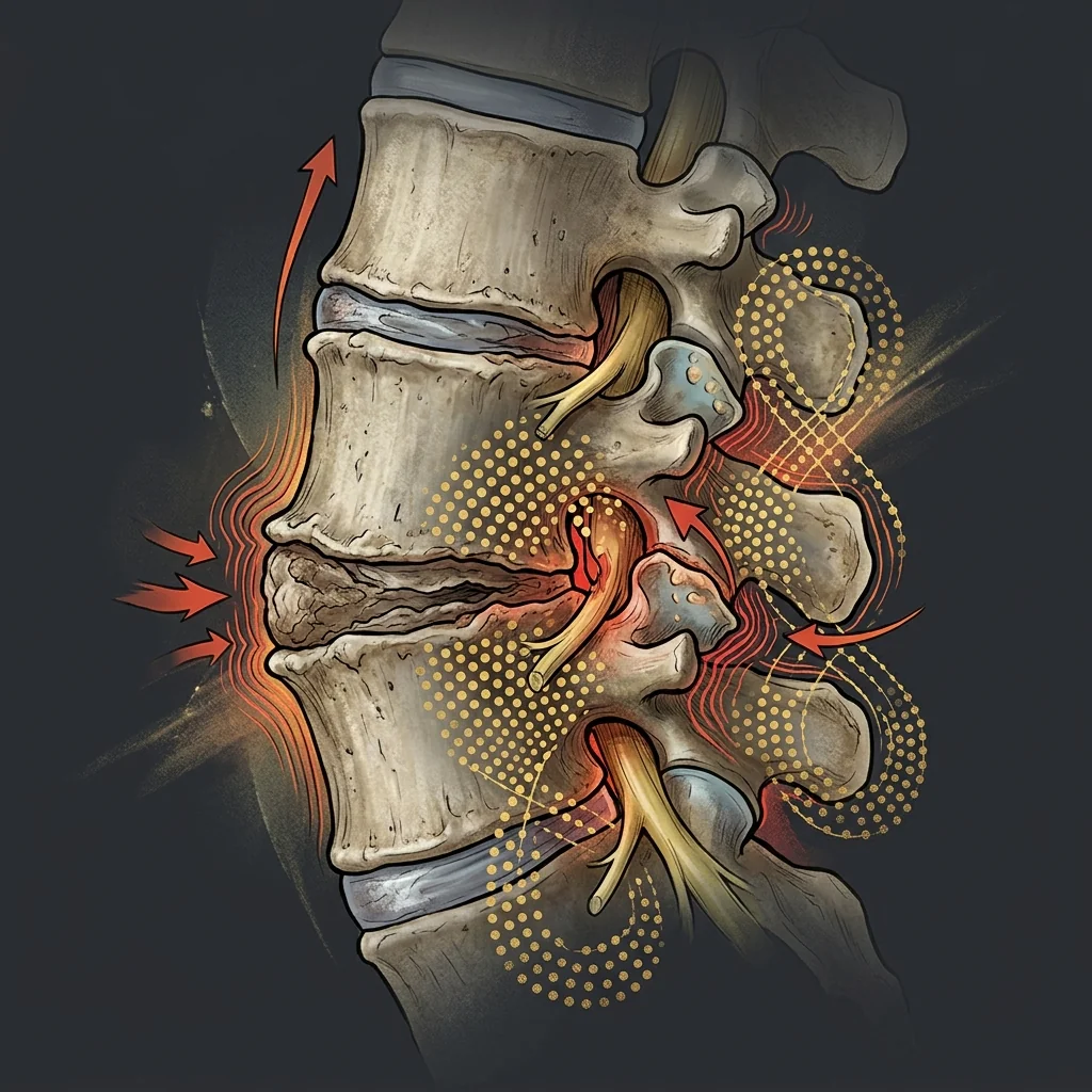 The Collapse - Severe Degeneration: Severe height loss, large bone spurs, stenosis of nerve passages.