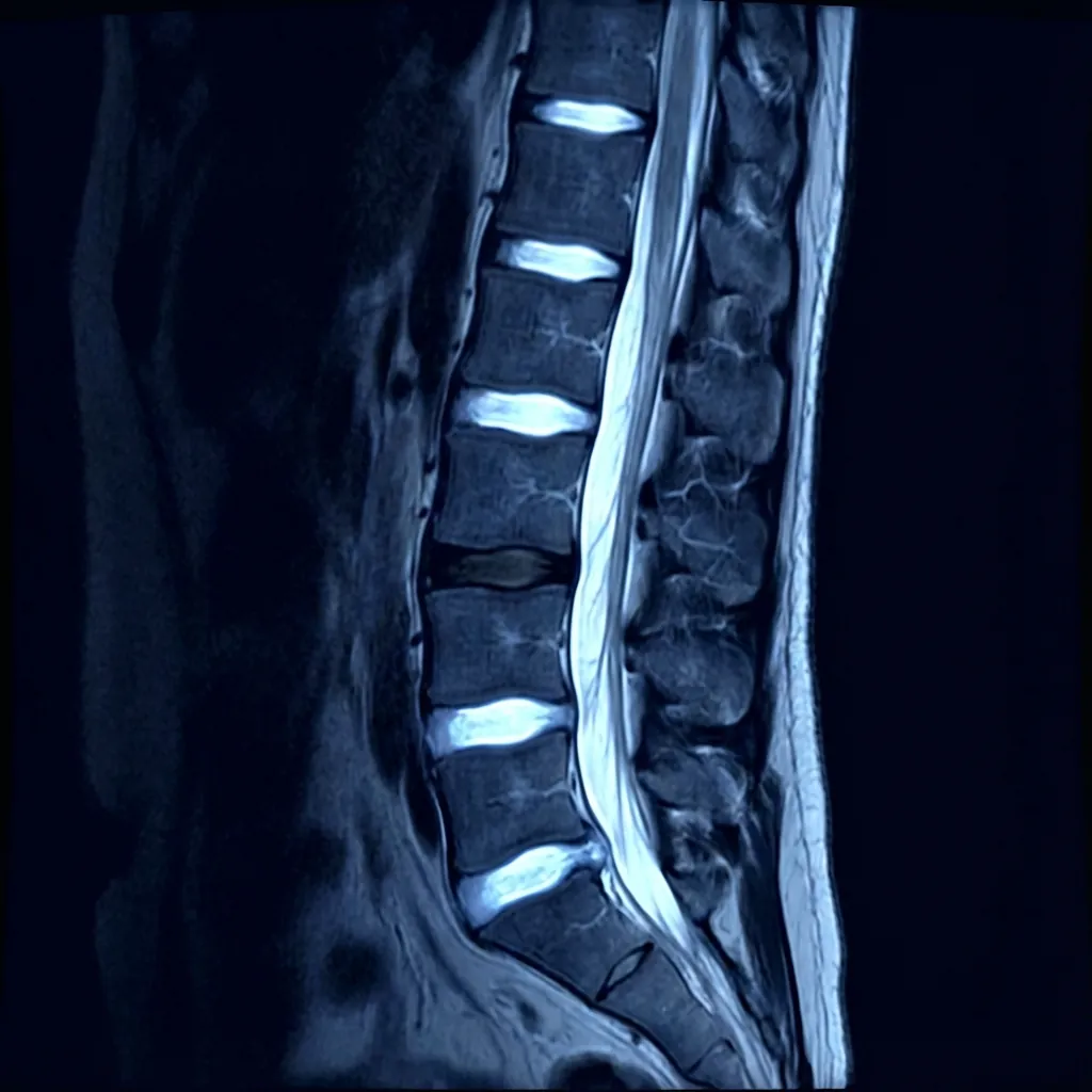 MRI sagittal slice showing disc hydration and degeneration patterns