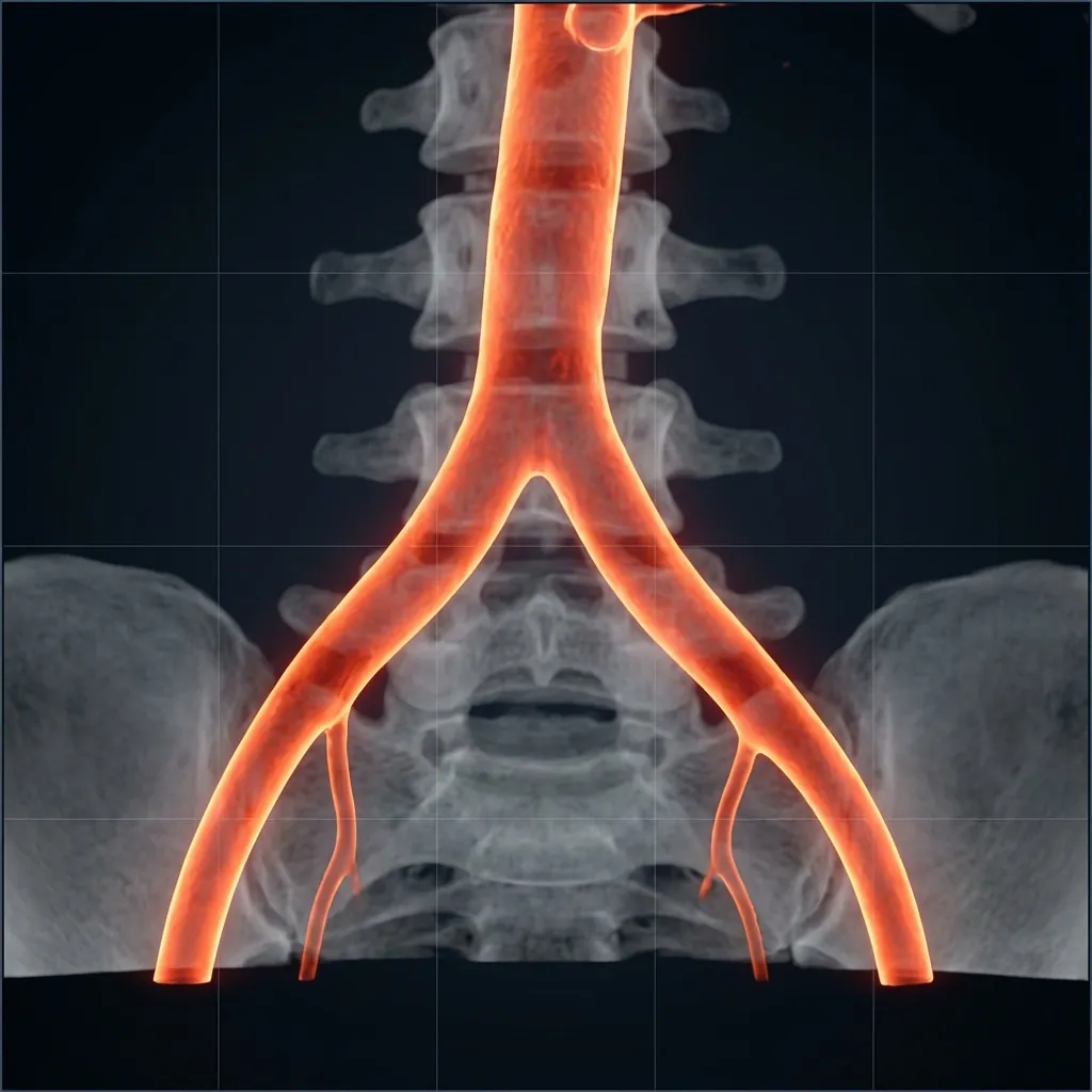CT angiography showing aortic bifurcation and anterior surgical corridor