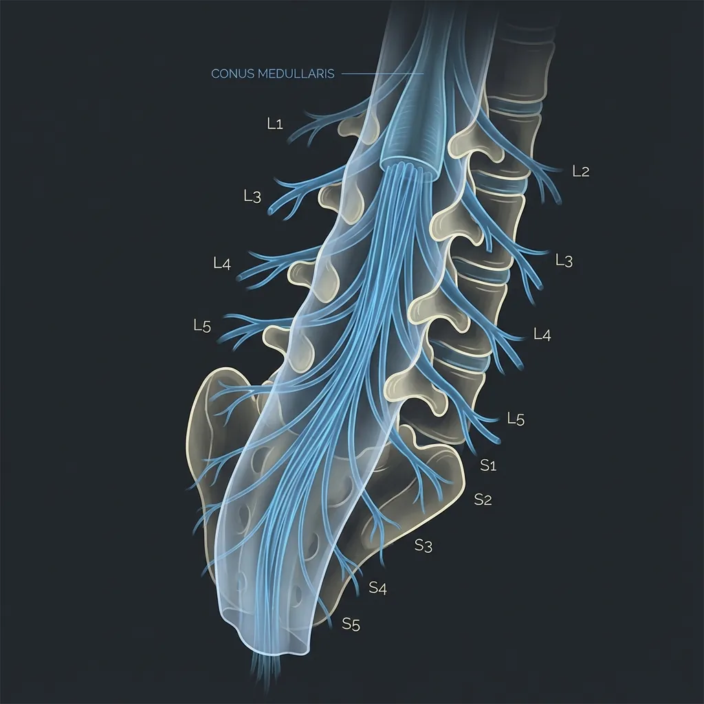 Cauda equina and lumbar nerve roots anatomical illustration