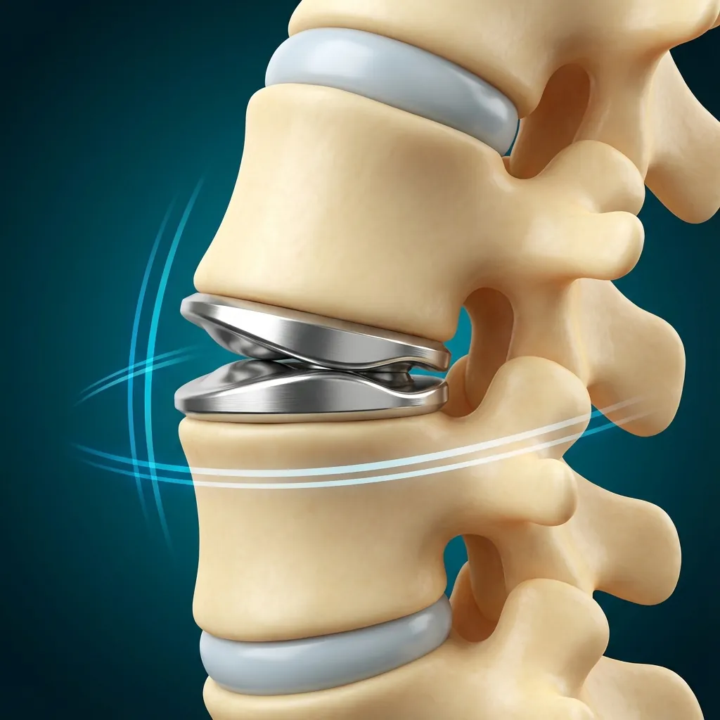Motion-preserving artificial lumbar disc showing articulating surfaces between vertebrae
