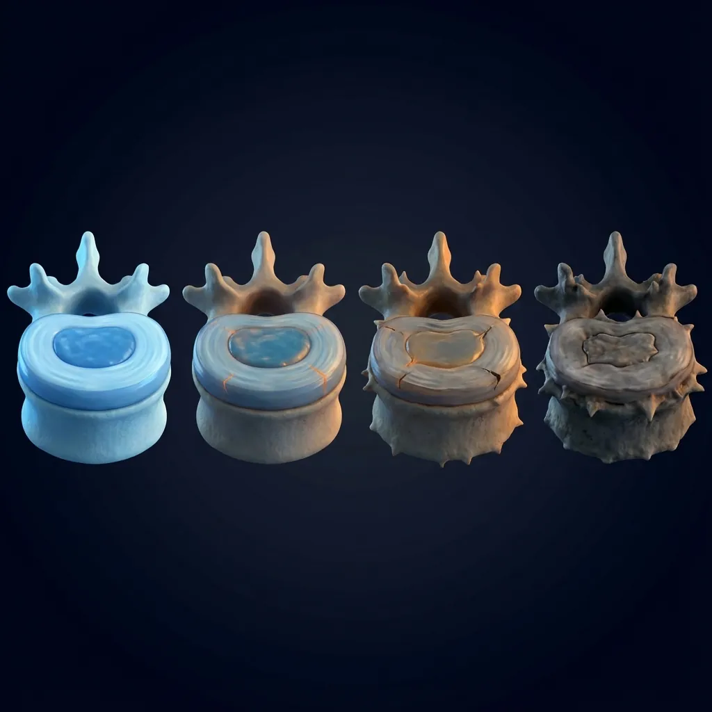 Progressive stages of lumbar disc degeneration from healthy to severely degenerated