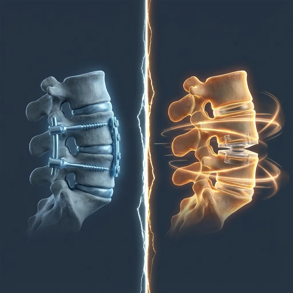 Side-by-side comparison of rigid spinal fusion versus motion-preserving artificial disc