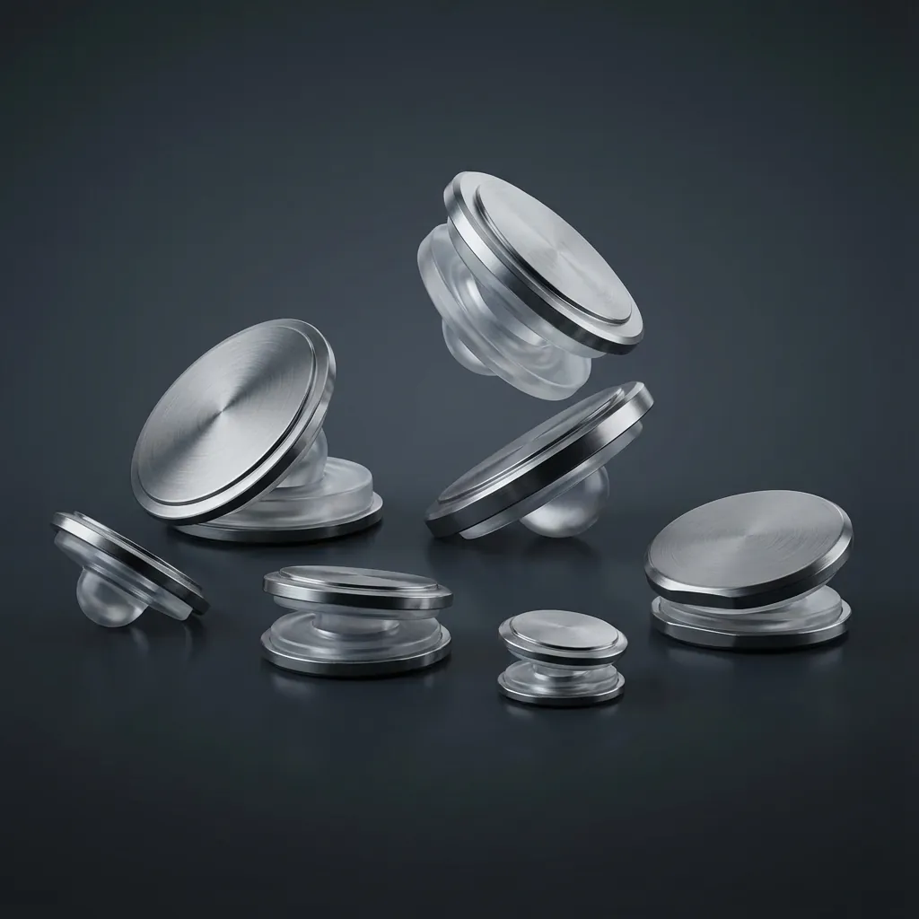 Modern lumbar artificial disc implant components showing titanium endplates and articulating core