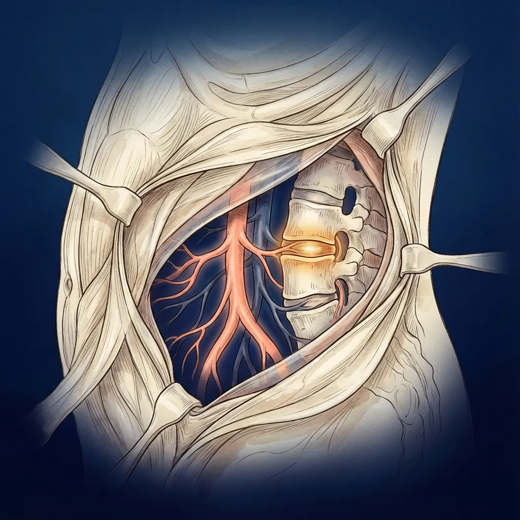Anterior approach to the lumbar spine showing vascular anatomy and access pathway