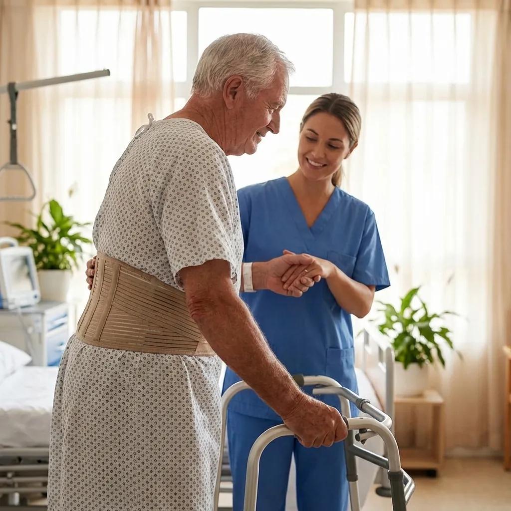 Patient beginning early mobilisation with assistance
