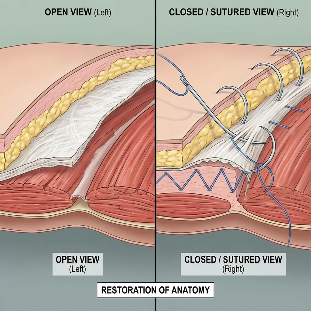 Anatomical view of abdominal closure layers during anterior approach