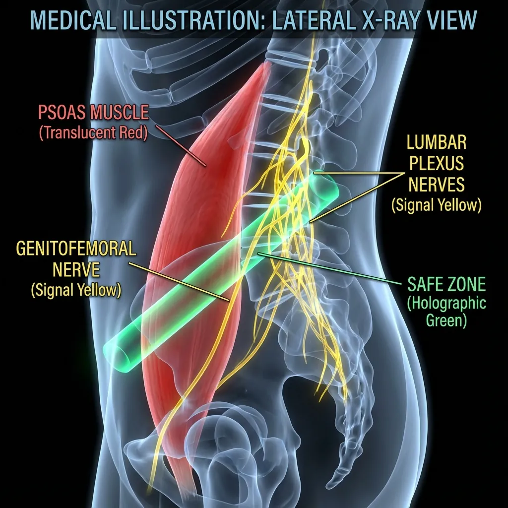 Surgical field anatomy showing bowel, peritoneum, and nerve root structures