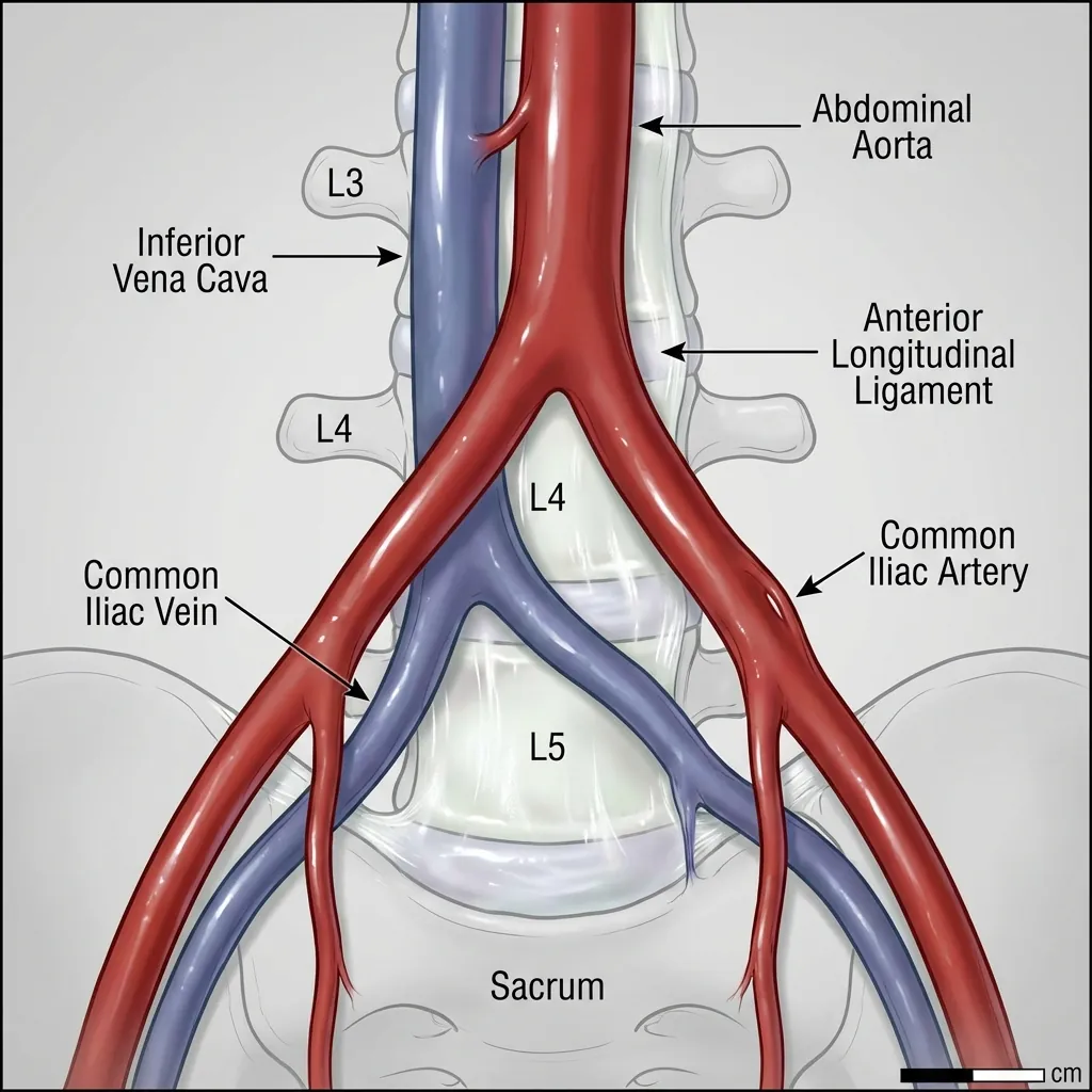 Vascular anatomy at lumbar levels showing aorta, IVC, and iliac vessels