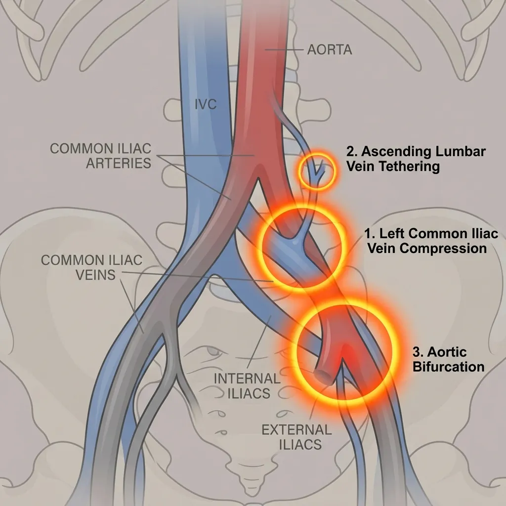 Vascular anatomy showing aorta, IVC, and iliac vessels at risk during surgery
